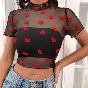 Heart Print Mock Neck Crop Mesh Top Without Bra